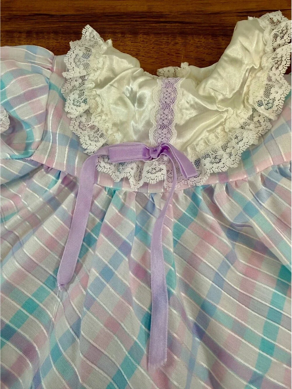 Vintage Winnie the Pooh Baby Dress Pastel Plaid Lace Size M